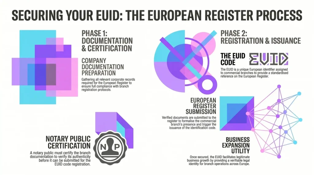 euid code registration process, european register branch documentation, commercial branch notary certification